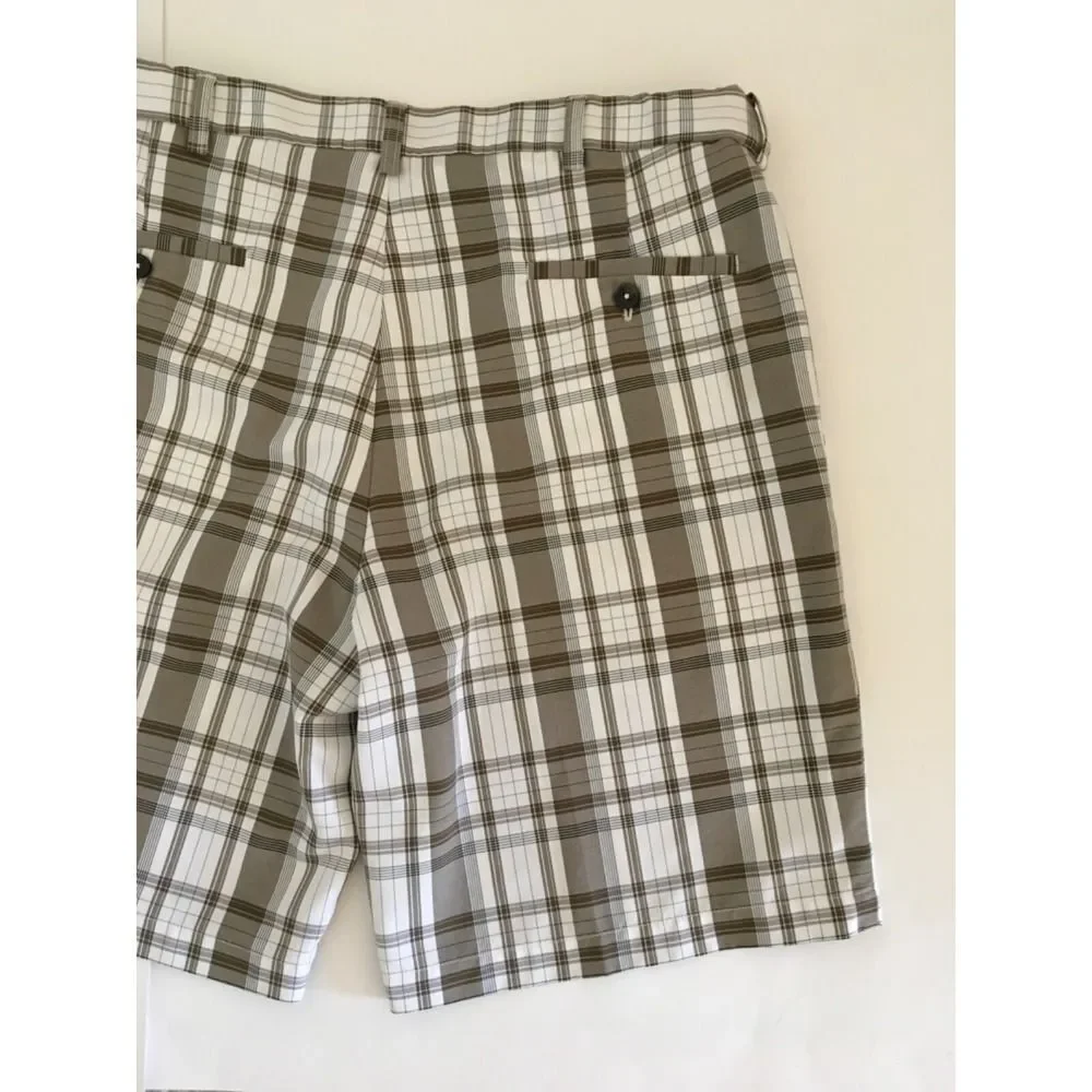 Haggar Golf Performance Shorts Mens 36 Brown White Plaid Expandable Waist